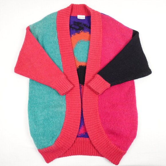Art Deco Mohair Blend Knit Sweater Women's 12 Colorful Abstract Cardigan - Picture 2 of 11